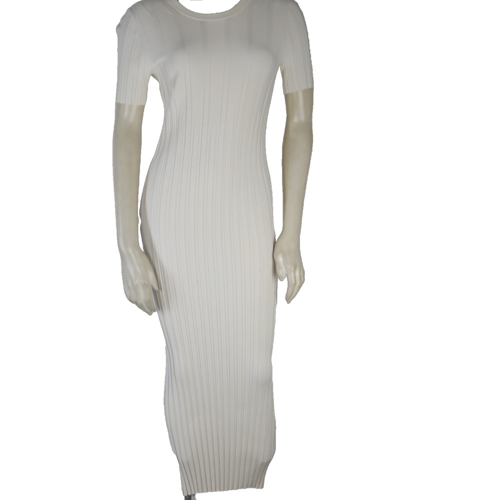 Helmut Lang Dress XS Ivory Ruched Ribbed Stretch Jersey Bodycon Cocktail Midi